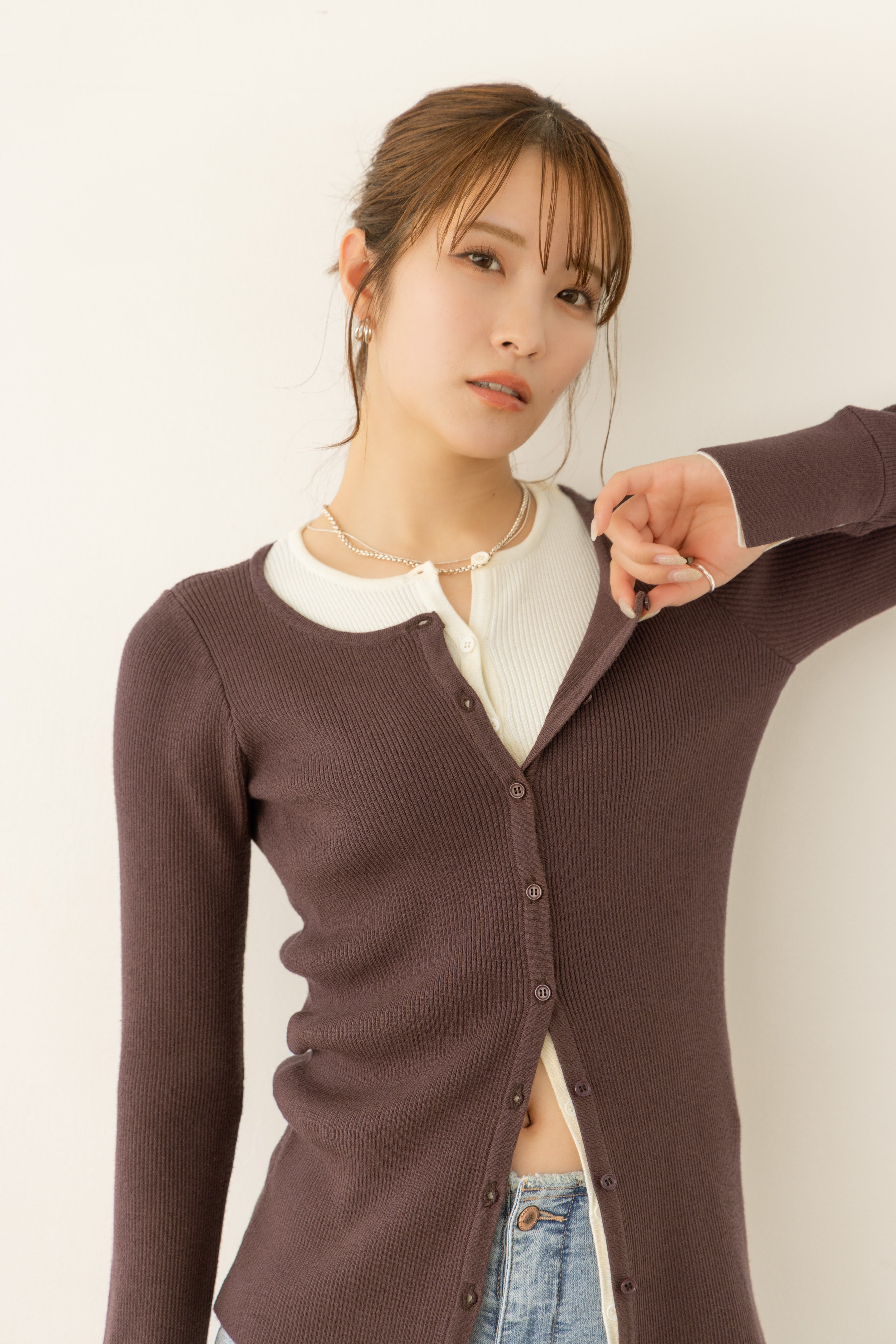 バイカラーリブニットトップス