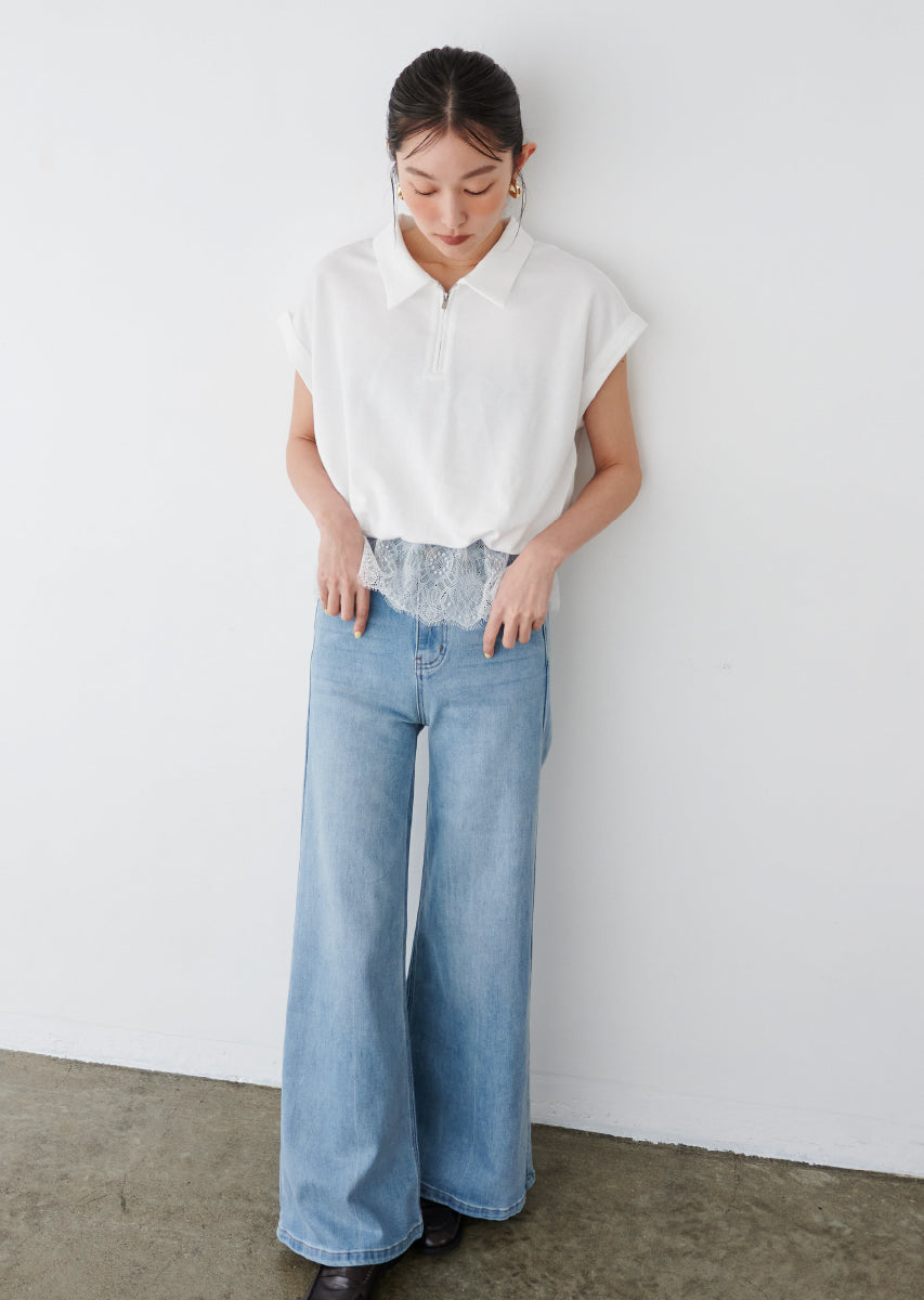 ハーフジップレースドッキングトップス