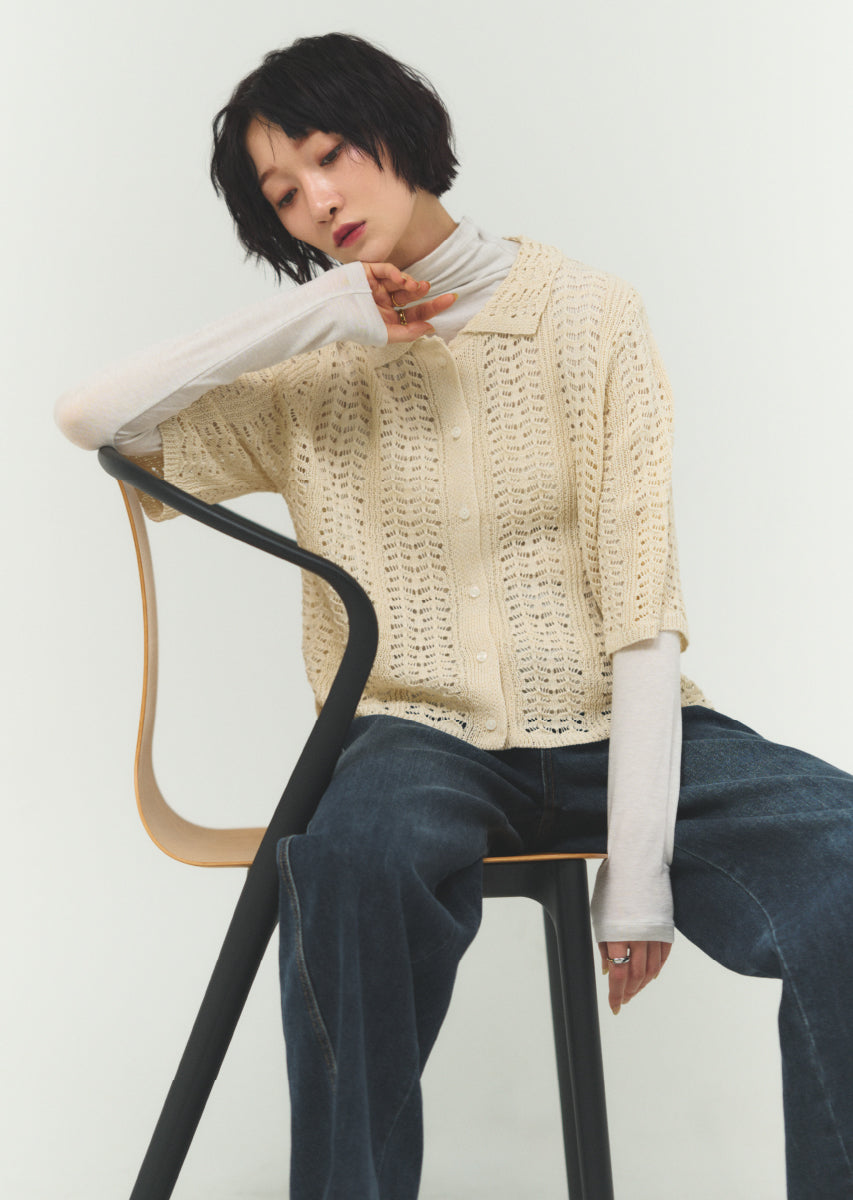 透かし編みニットシャツ